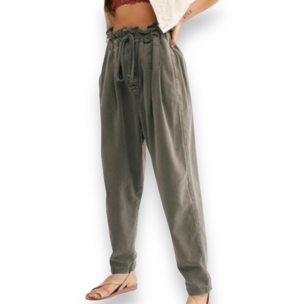 FREE PEOPLE Margate High-Rise Olive Green Pleated Trousers XS‎ | EUC